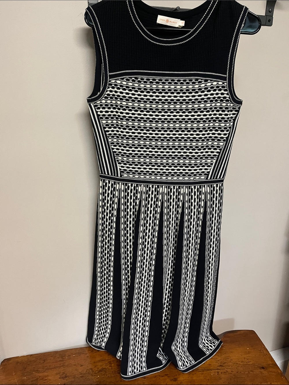 Tory Burch Black and White Sleeveless Knit Midi Dress